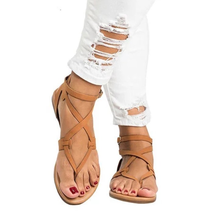 Large Size Adjustable Buckle Flat PU Sandals Woman Shoes