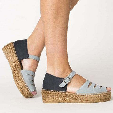 Color Block Slit Buckle Straw-Weaved Platform Peep Toe Sandals