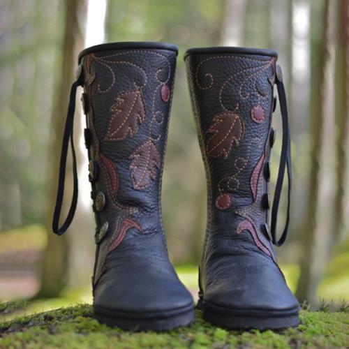 Women Black Artificial Leather Buckle Flat Heel Boots