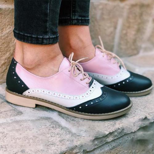 Color Block Laser Cut Flat Lace-Up Saddle Shoes