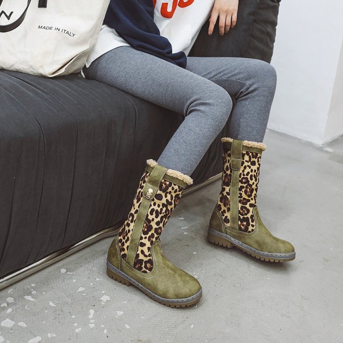 Plus Plush Lining Leopard Print Splice Round Toe Winter Boots