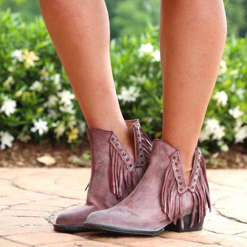 Plus Size Side Cut Fringe Chunky Heel Ankle Boots