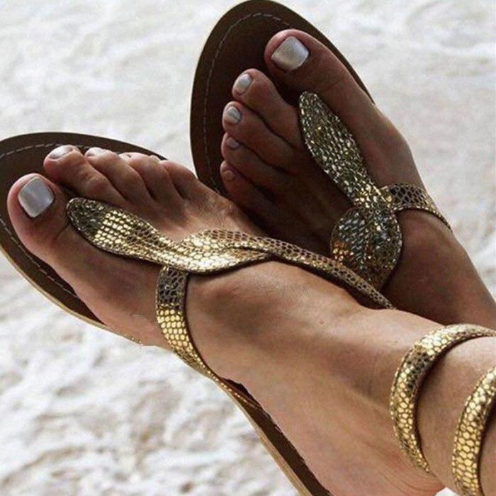 Women Flats Sandals New Summer Snake Ankle Strap Gladiator Sandals Bling Gold Beach Flat Shoes