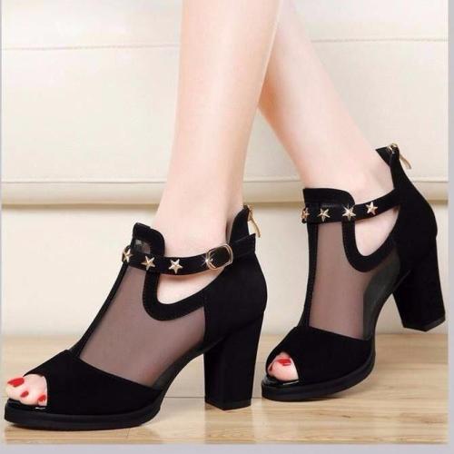 Open Toe Casual High Thick Black Heels Ladies Shoes Rivet Party Wedding Chunky