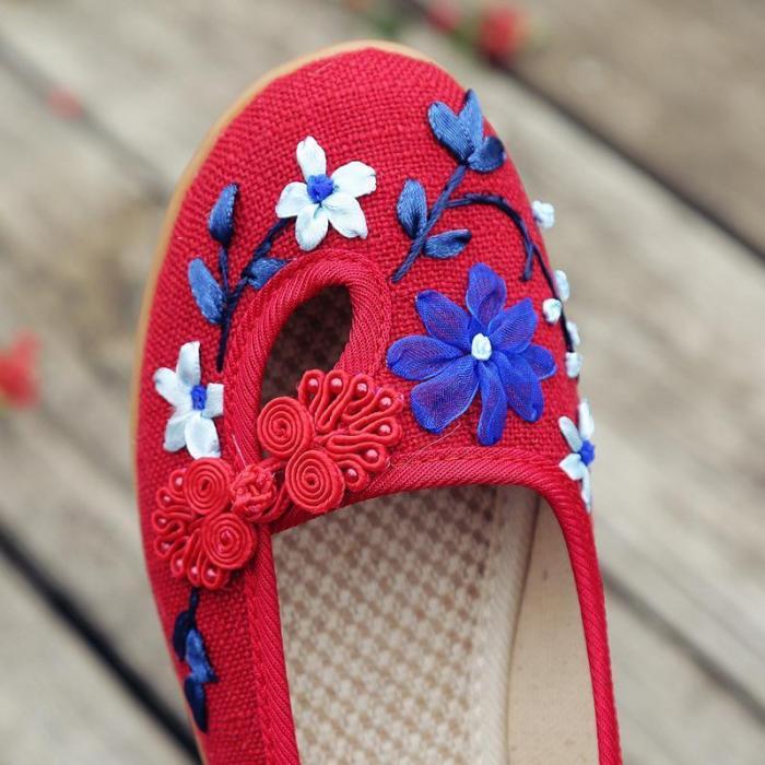 Flower Trim Folk Vintage Low Wedges Shoes