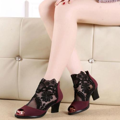 Women Lace Peep Toe Chunky Heel Shoes