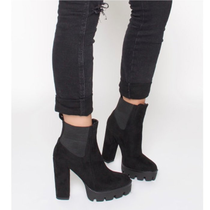 Black Suede Platform Round Toe Chunky Heel Elastic Ankle Boots