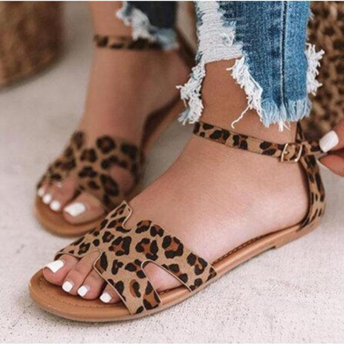 Women's Leopard/Snake Print Microfiber Peep Toe Adjustable Buckle Flat Sandals