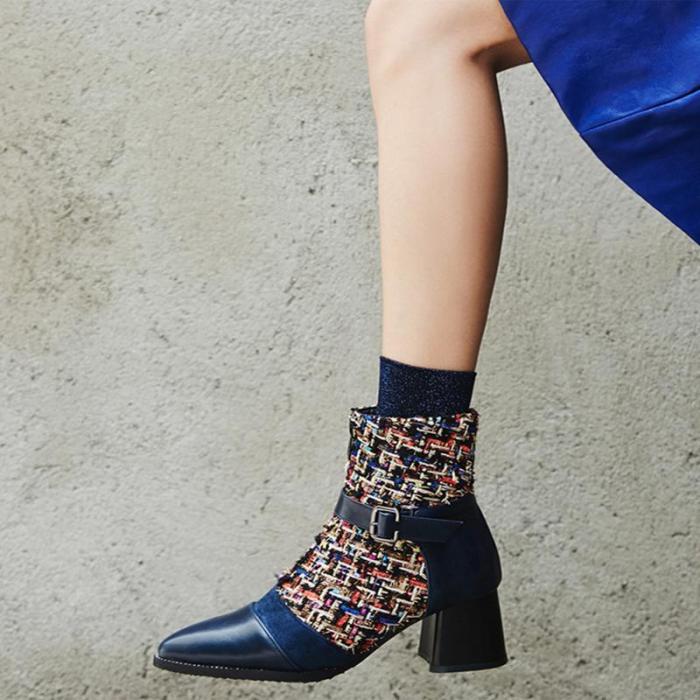 Sweet Style Women Chic Grid Splicing Chunky Heel Slip-on Ankle Boots
