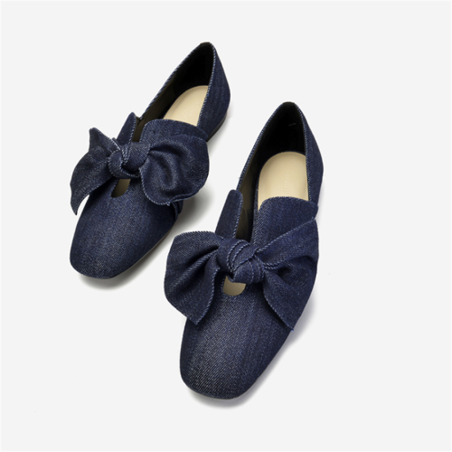 Women's bow square head flat shoes