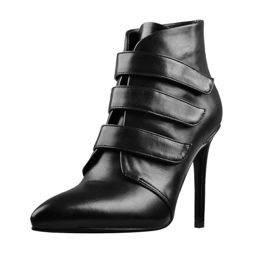 Pointed Black Matt Leather Triple Buckle High Heel Ankle Boots