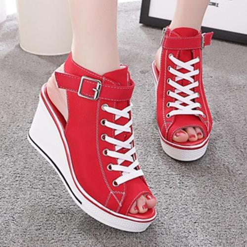 Women's Sneaker High-Heeled Fashion Canvas Shoes High Pump Lace Up Wedges Side Zipper Shoes