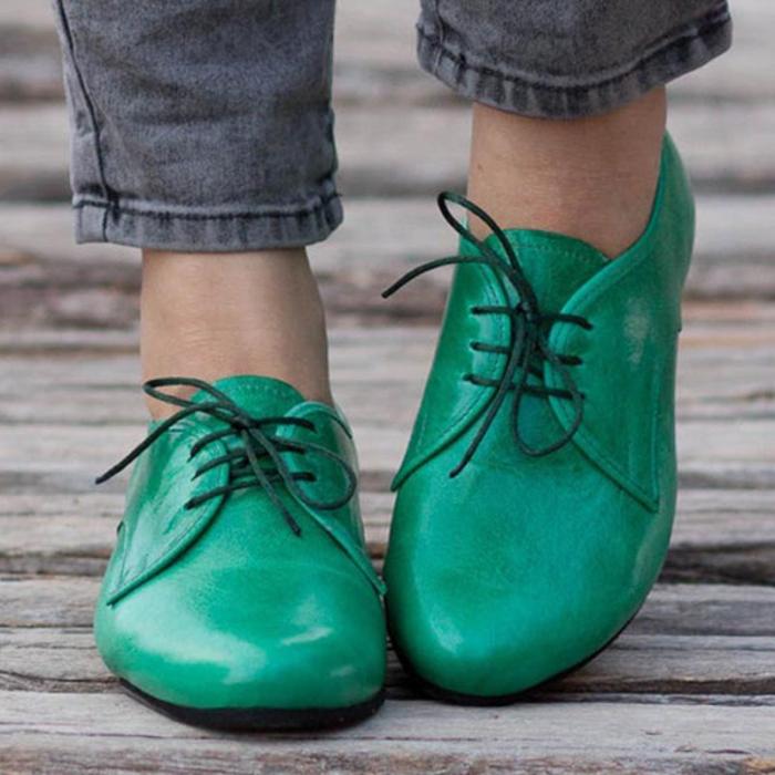 Solid Green Vintage Lace-Up Flats Oxford Shoes