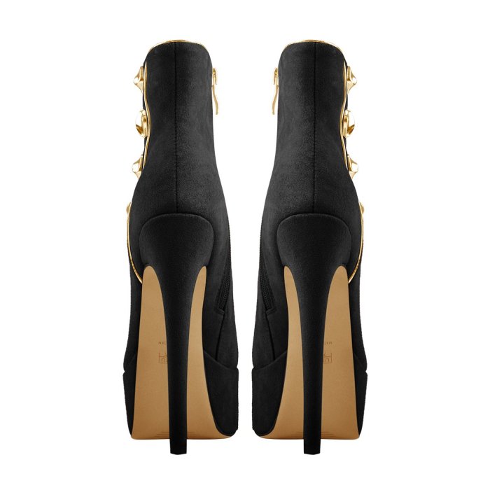 Platform Black Suede Gold Button Stiletto Ankle Boots