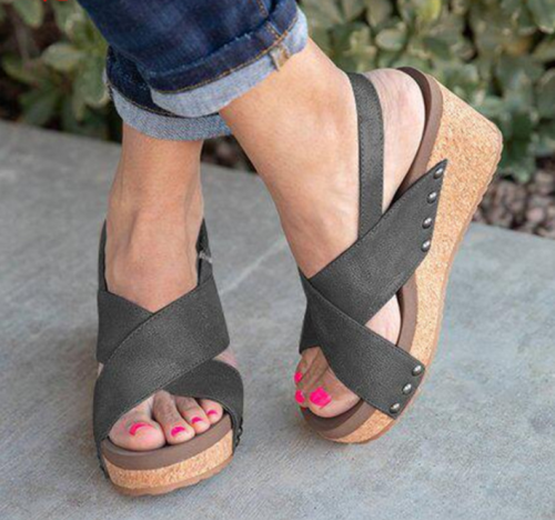 Women's Microfiber Peep Toe Velcro Middle Wedge Heel Sandals