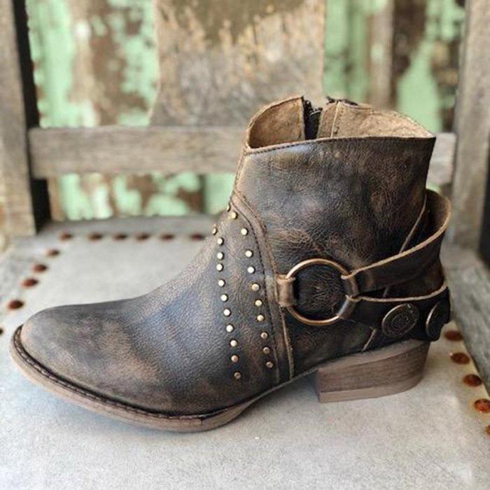 Women Round Toe Pu Vintage Zipper Casual Chunky Heel Ankle Boots