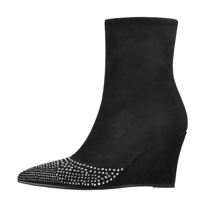 Rhinestone Pointed Toe Suede Ankle Wedge Ankle Boots