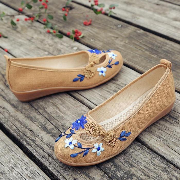 Flower Trim Folk Vintage Low Wedges Shoes