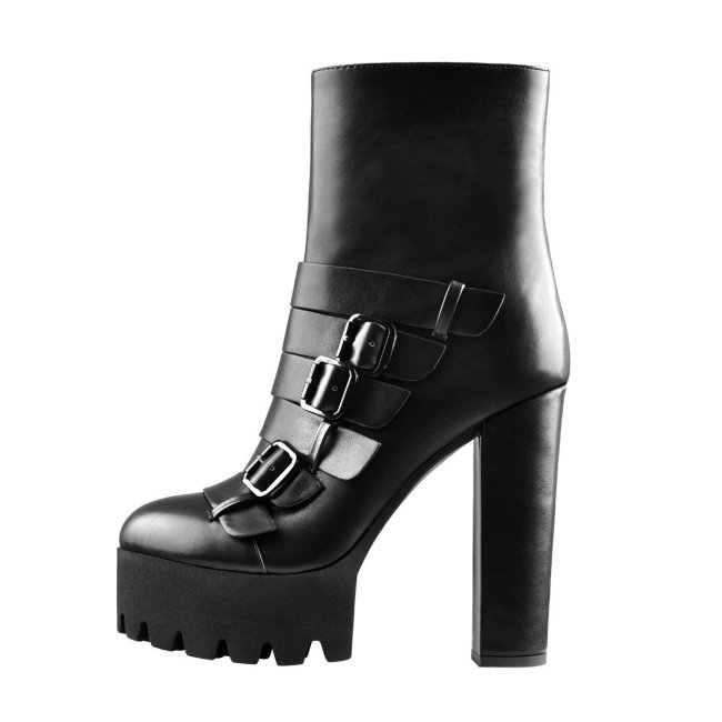 Platform Round Toe Buckle Strap Chunky High Heels Ankle Boots
