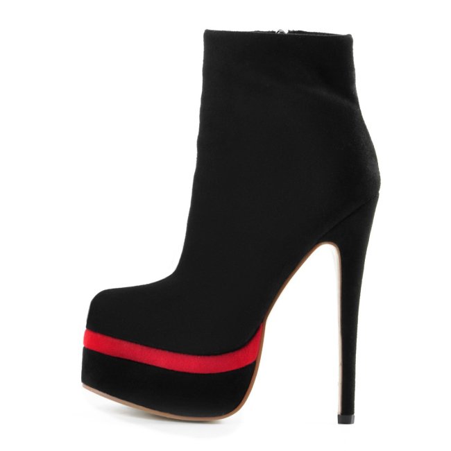 Suede Round Toe Black Red Platform Stiletto Ankle Boots