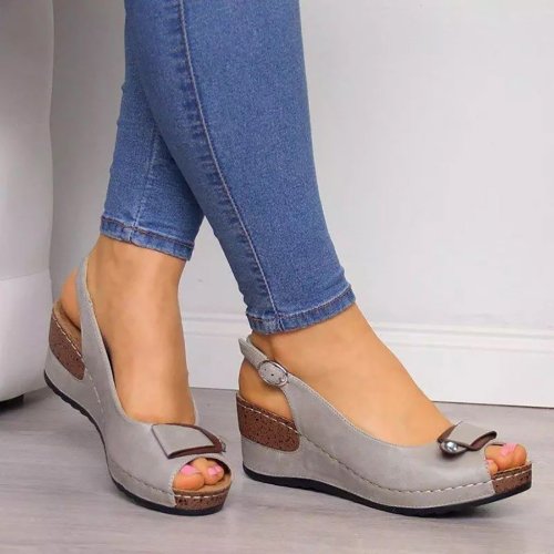 Wedges Sandals Pumps Ankle Buckle Open Toe Fish Mouth Med Summer Women