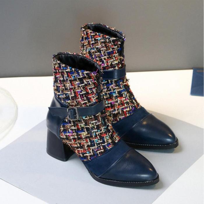 Sweet Style Women Chic Grid Splicing Chunky Heel Slip-on Ankle Boots