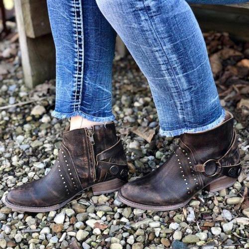 Women Round Toe Pu Vintage Zipper Casual Chunky Heel Ankle Boots