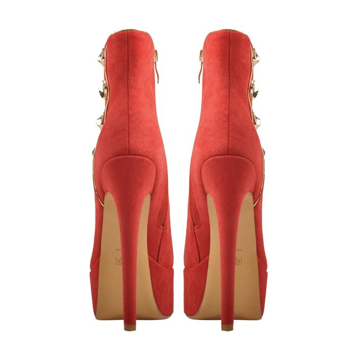 Platform Red Suede Gold Button Stiletto Ankle Boots
