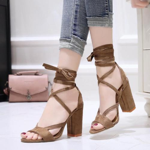 Round Toe Strap Large High Heels Women's Shoes Chunky Heel Suede Women's Sandals Popular