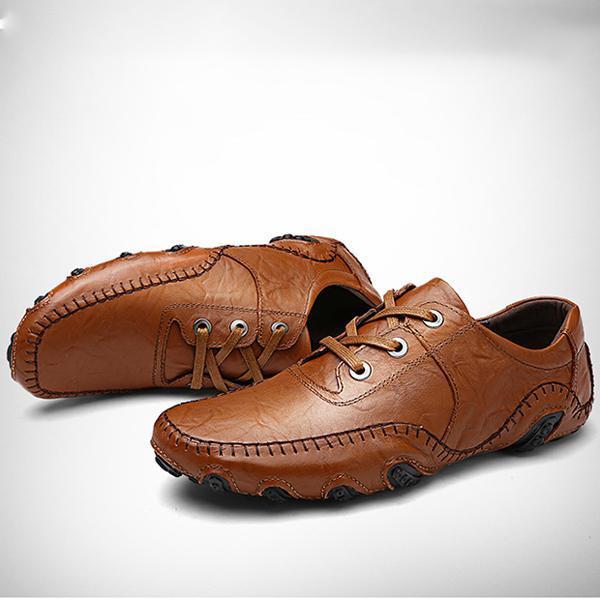 Mens Lace-up Hand Stitching Loafers Breathable Flat Shoes