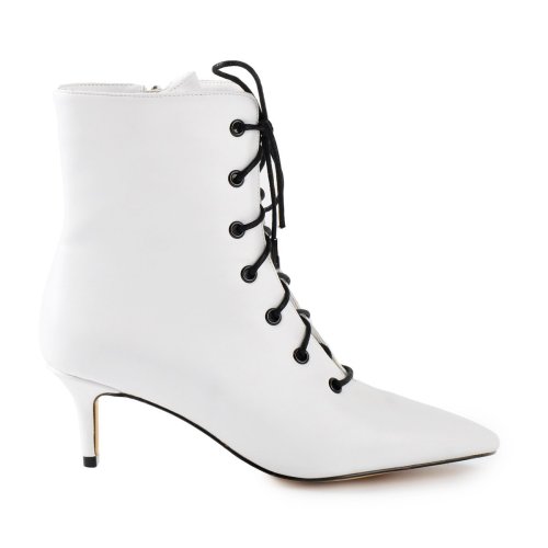 Kitten Low Heel Pointed Toe Lace Up White Ankle Boots
