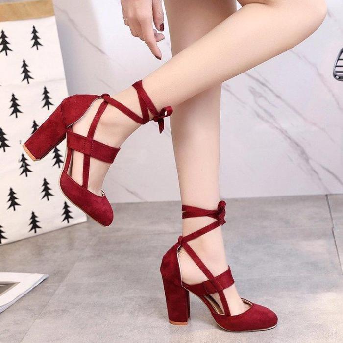 Ankle Strap High Heels Flock Gladiator Shoes Thick Heel Fashion Women