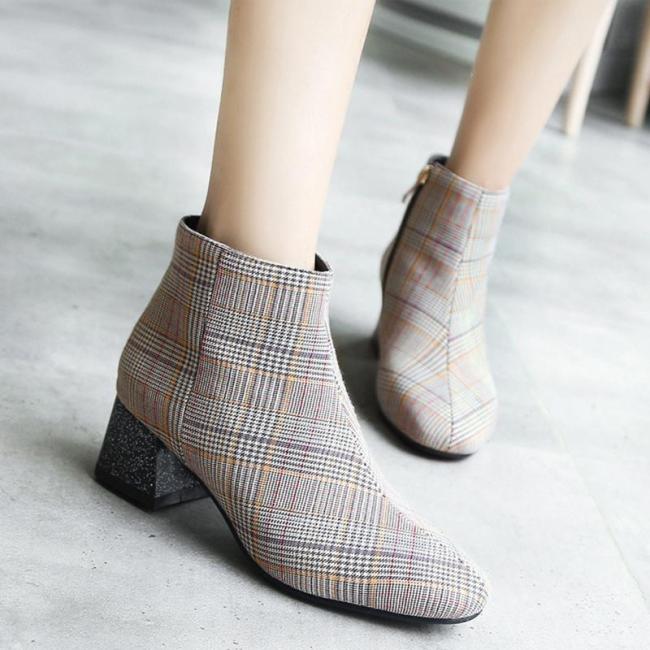 Women Elegant Plaid Print Side-zipper Chunky Heel Boots