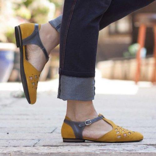 Women Hollow-Out Sandals Low Heel Faux Suede Flat Shoes
