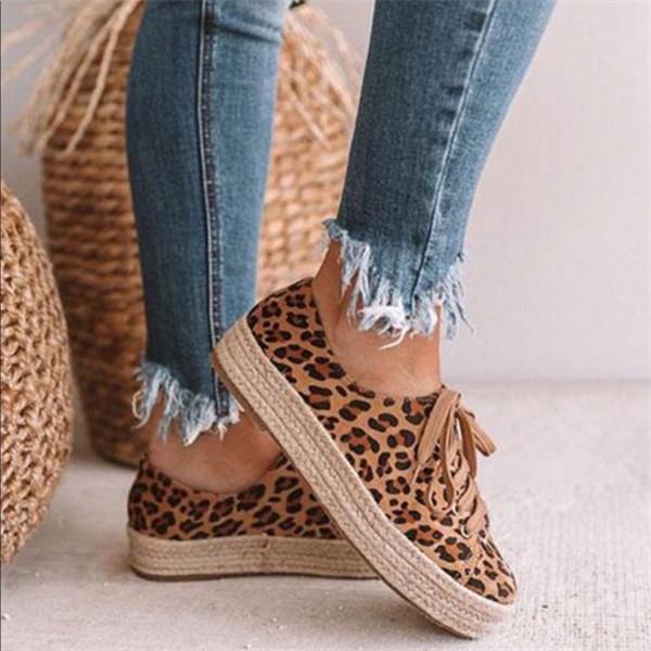 Leopard Print Canvas Lace-Up Straw-Weaved Platforms Women Shoes