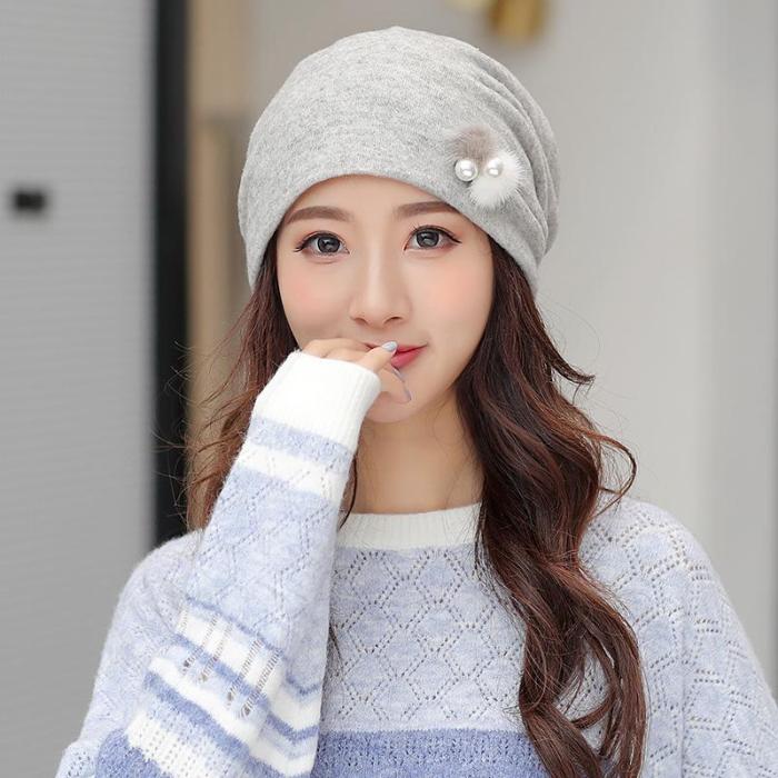 Hat Female Pearl Feather Heap Hat Casual Turtleneck Hat Autumn Breathable Pregnant Women's