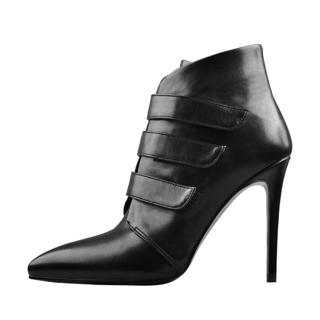 Pointed Black Matt Leather Triple Buckle High Heel Ankle Boots