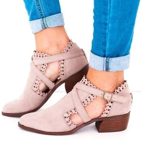 Scalloped Booties Low Heel Hollow-out Buckle Strap Boots