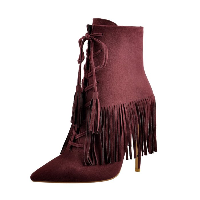 Suede Tassel Pointed Toe Stiletto Heels Ankle Boots