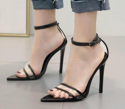 thin high heels pumps shoes  PU leather ladies pointed toe gladiator sexy clear