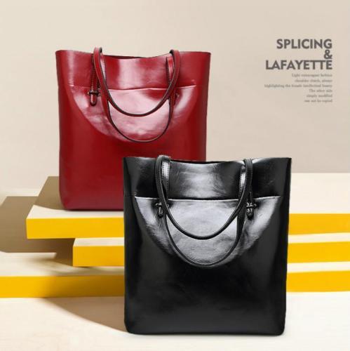 Women Oil PU Leather Tote Handbags Casual Solid Color Shoulder Bags