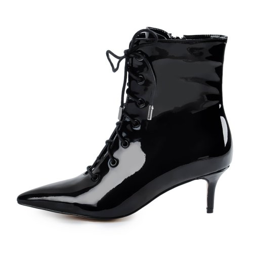 Kitten Low Heel Pointed Toe Lace Up Patent Black Leather Ankle Boots