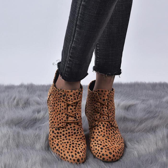 Leopard/Solid Front Lace-up Wedge Heel Boots