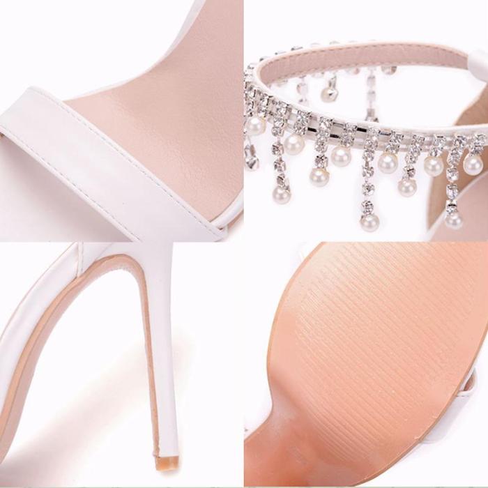 White Imitation Pearls High Heel Sandals