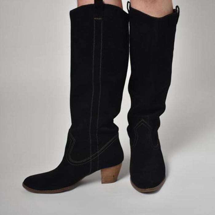 Black Suede Knee-High Chunky Heeled Boots