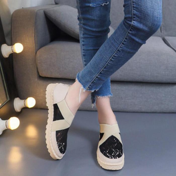Women Crochet Lace Color Block Round Toe Loafers Sneakers Shoes