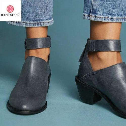 Vintage Leather Boots Chunky Heel Zip Strap Shoes Female Comfortable Shoes