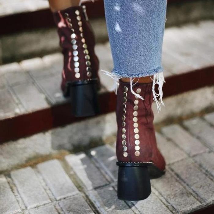Rivet Square Toe Side-Zipper Chunky Ankle Boots