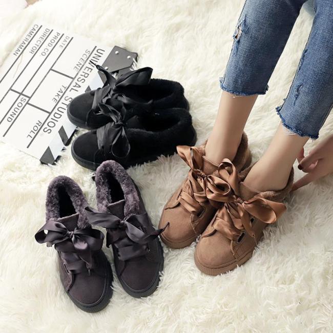 Womens Lace-Up Artificial Suede Flat Heel Warm Sneakers