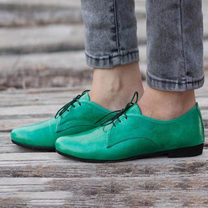 Solid Green Vintage Lace-Up Flats Oxford Shoes